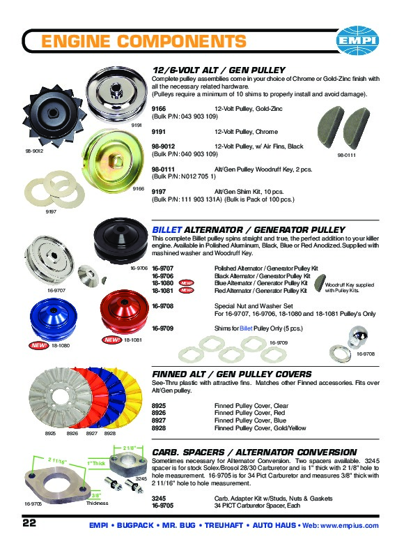 2 & 3 12-Volt Alternator/Generator Pulley Empi 00-9191-0 VW Type 1 Chrome